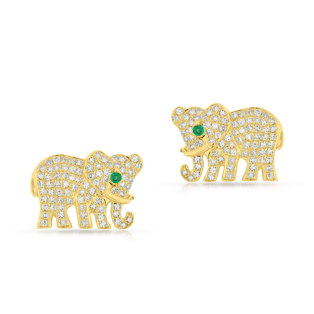 14KT Yellow Gold Diamond Emerald KAAP Elephant Earrings