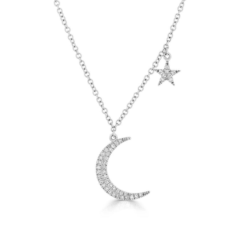14KT White Gold Diamond Mini Moon and Star Necklace