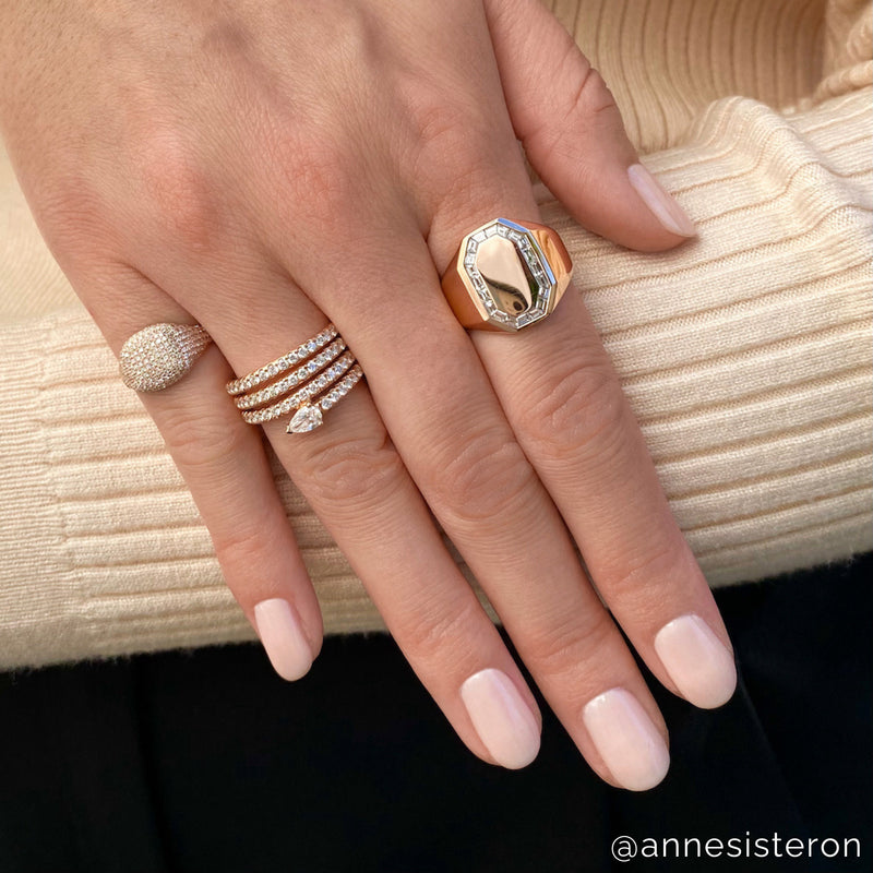 Model wearing 14KT Rose Gold Baguette Diamond Alina Signet Ring