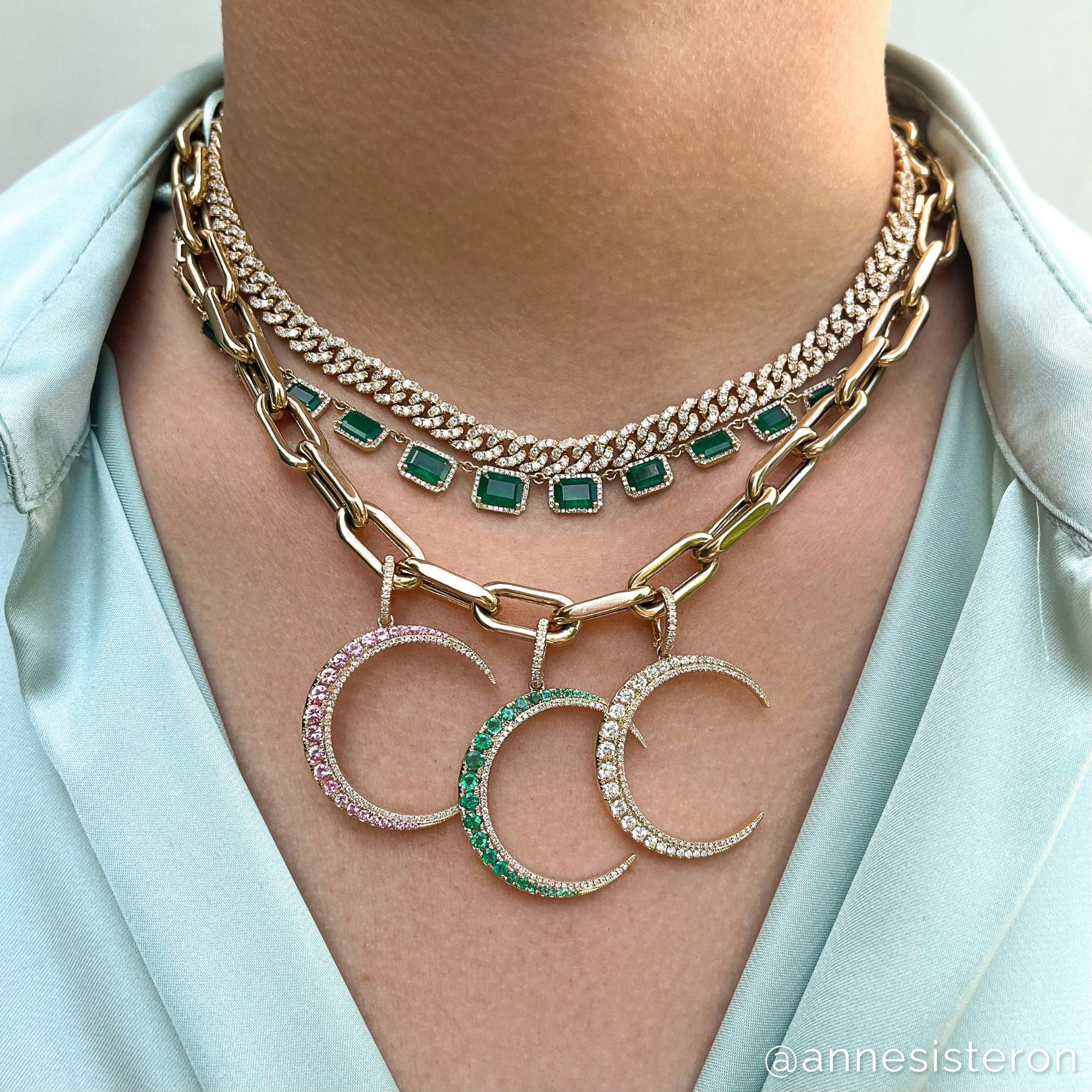 Model wearing 14KT Yellow Gold Diamond Lunar Charm Pendant with Diamond Clip On Bail