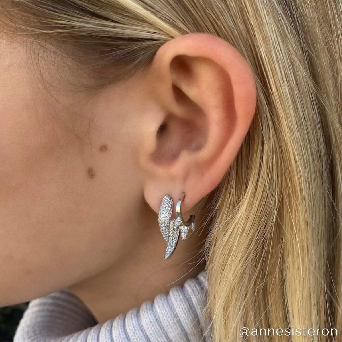 Model wearing 14KT Yellow Gold Diamond Sabre Earrings