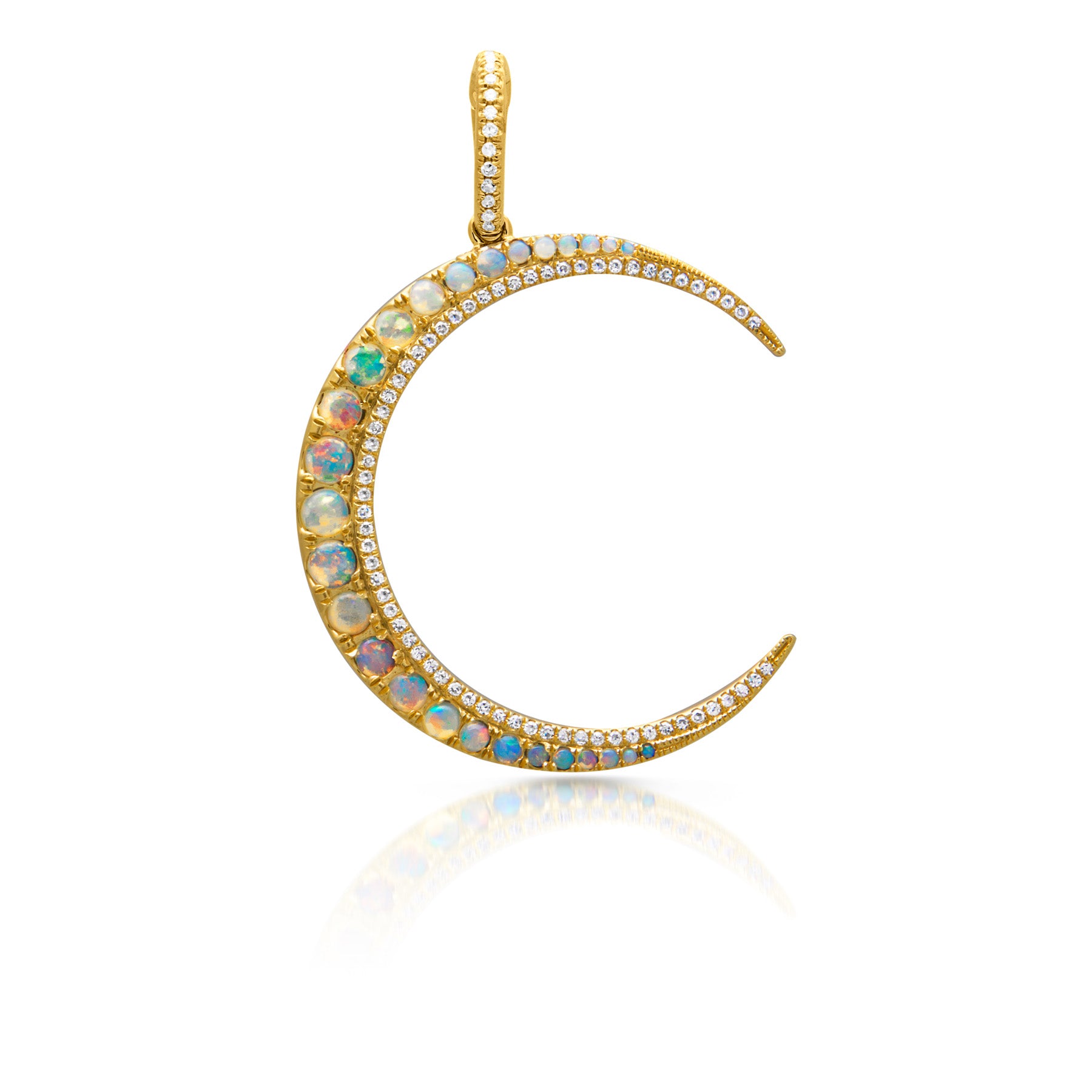 14KT Yellow Gold Opal Diamond Lunar Charm Pendant with Diamond Clip on Bail