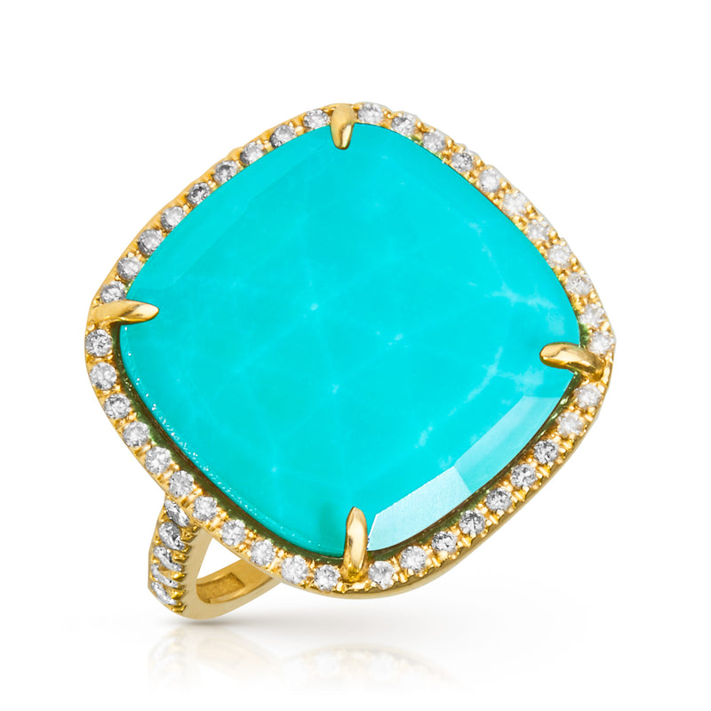 14KT Yellow Gold Diamond Turquoise Doublet Cushion Cut Cocktail Ring