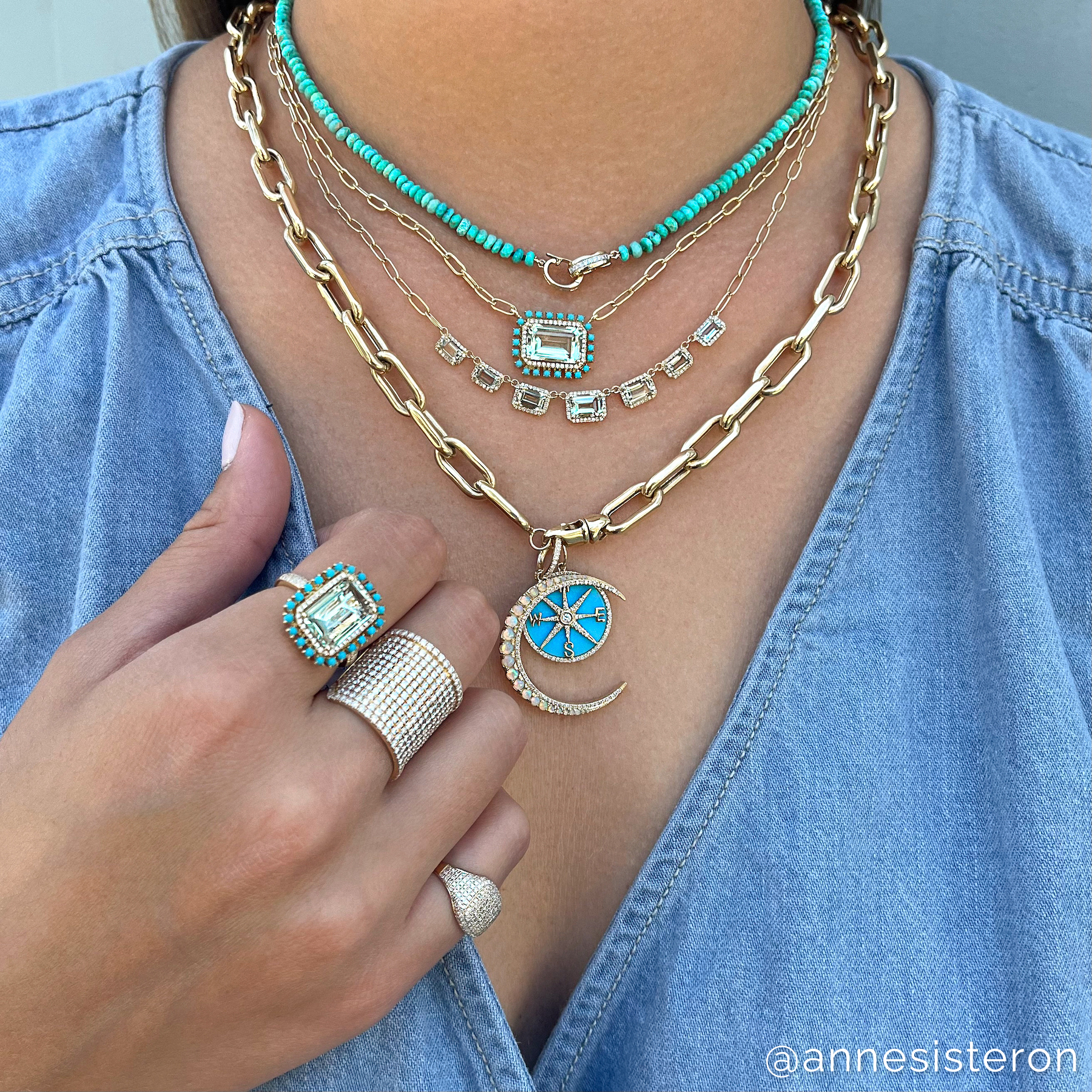 Model wearing 14KT Yellow Gold Opal Diamond Lunar Charm Pendant with Diamond Clip on Bail