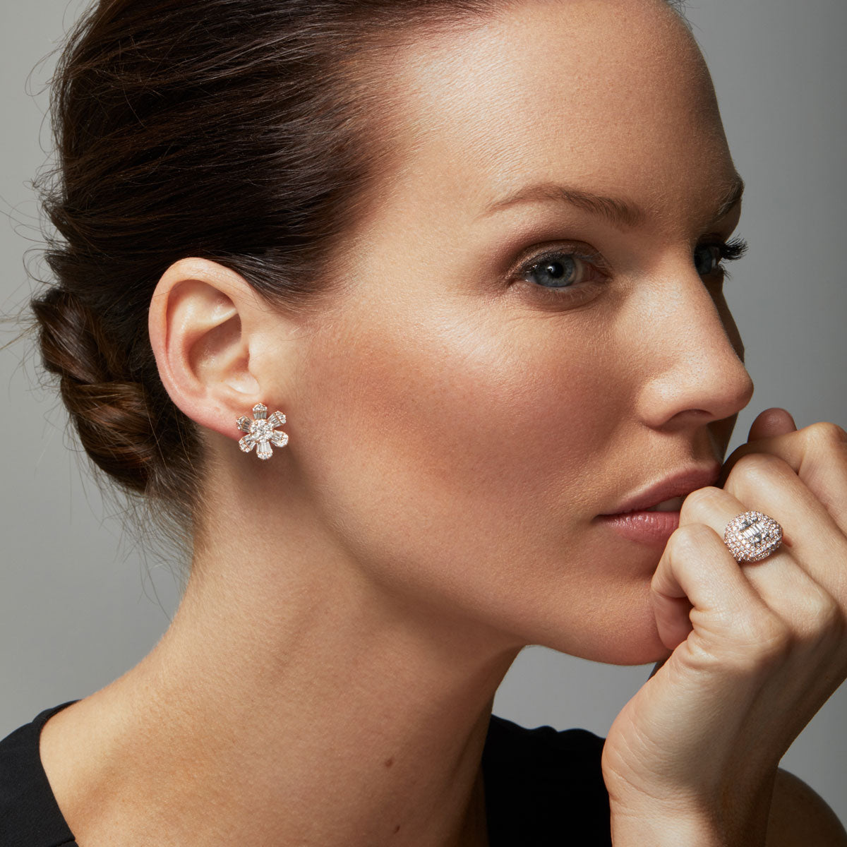 Model wearing 14KT Yellow Gold Baguette Diamond Luxe Large Daisy Earrings