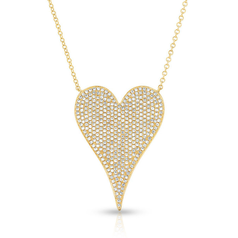 14KT Yellow Gold Diamond Large Modern Pave Heart Necklace