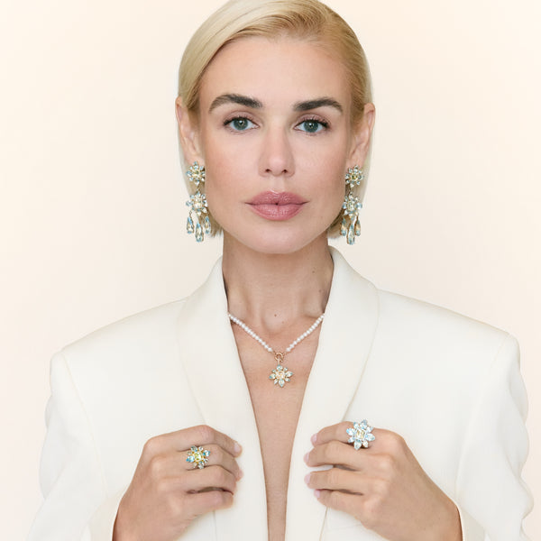 14KT Yellow Gold Blue Topaz Green Amethyst Diamond Amaryllis Charm with Diamond Clip on Bail