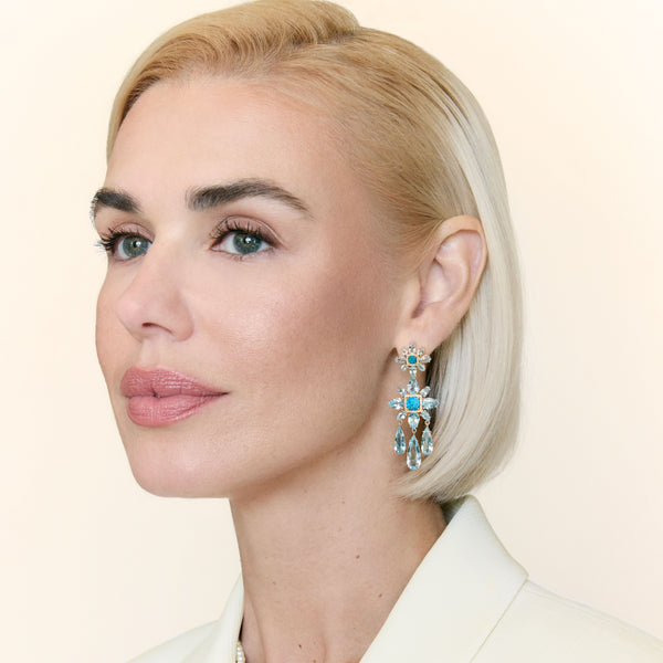 14KT Yellow Gold Blue Topaz Opal Diamond Amaryllis Earrings