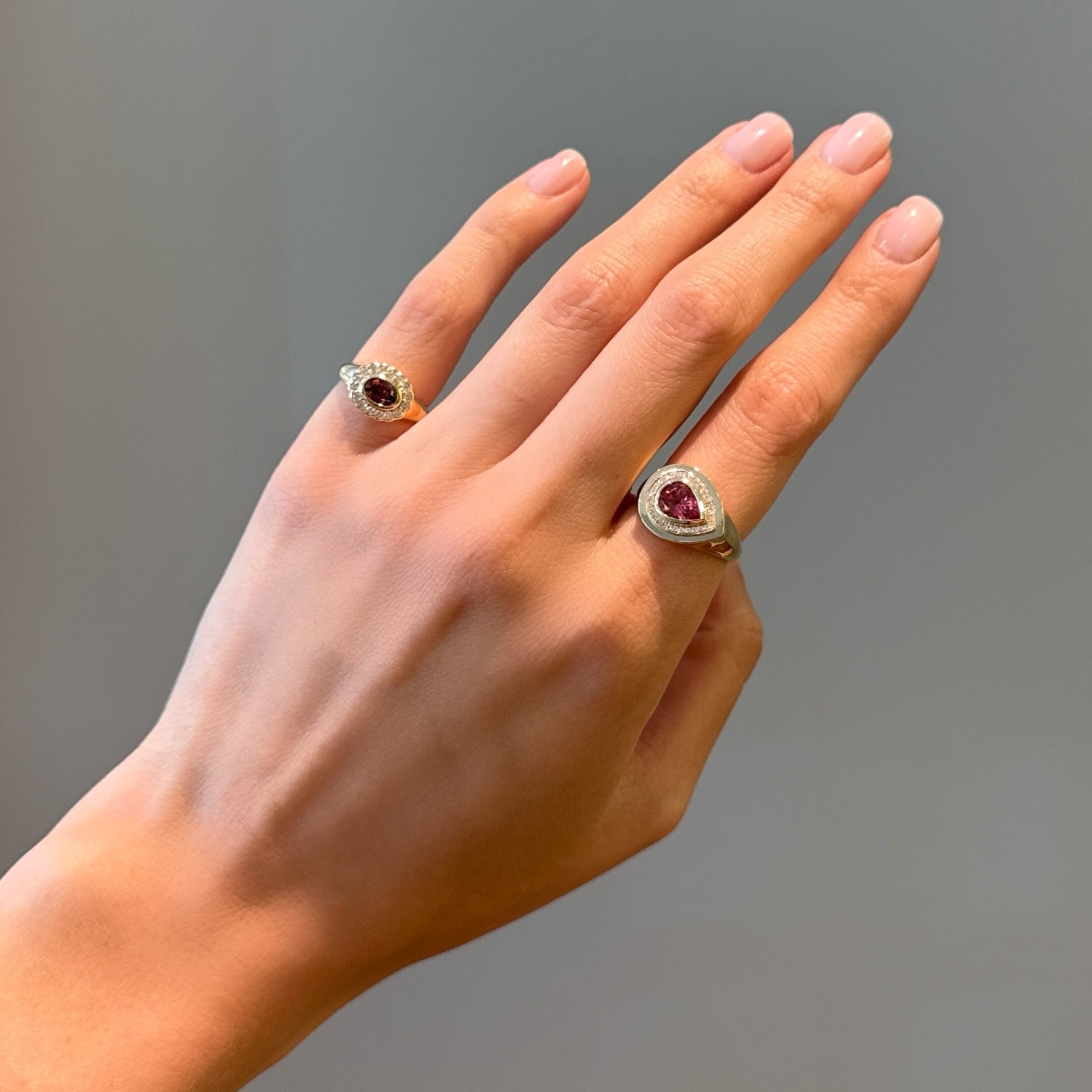 14KT Yellow Gold Tourmaline Diamond Daisy Pinkie Ring and 14KT Yellow Gold Pear Shaped Tourmaline Diamond Wanda Ring