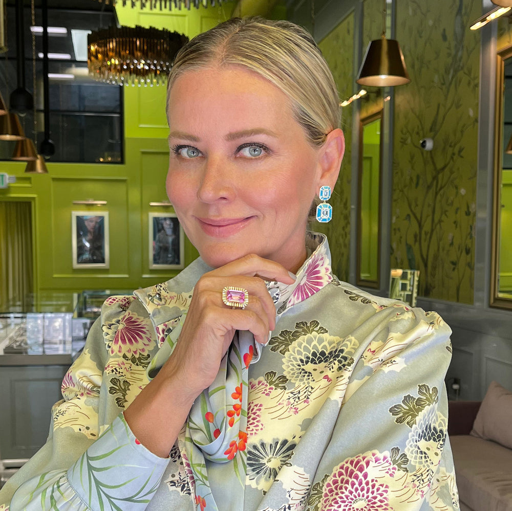 Anne Sisteron wearing 14KT Yellow Gold Blue Topaz Turquoise Enamel Diamond Deco Earrings