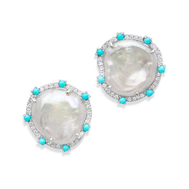 14KT White Gold Baroque Pearl Turquoise Diamond Moorea Stud Earrings