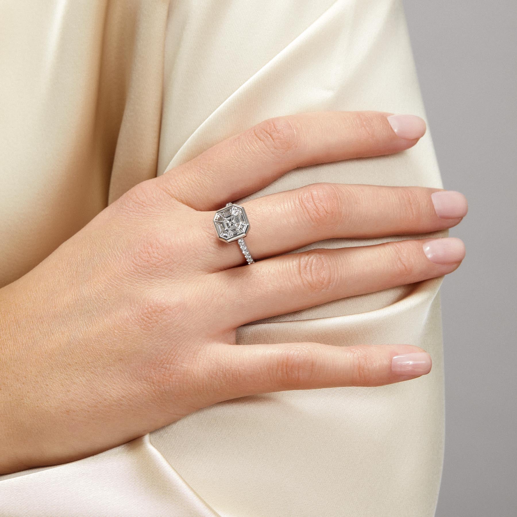18KT White Gold Asscher Cut Diamond Illusion Luxe Engagement Ring
