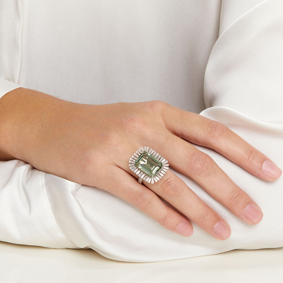 Model wearing 18KT White Gold Green Amethyst Baguette Diamond Luxe Fauna Ring
