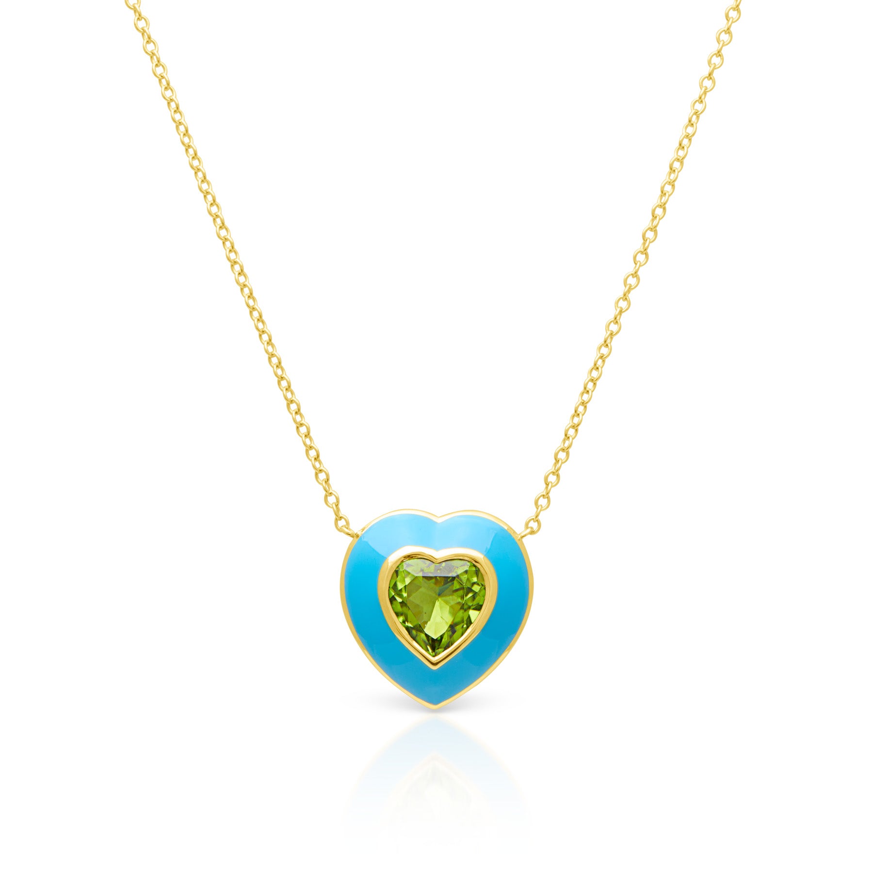 14KT Yellow Gold Peridot Turquoise Enamel Heart Necklace