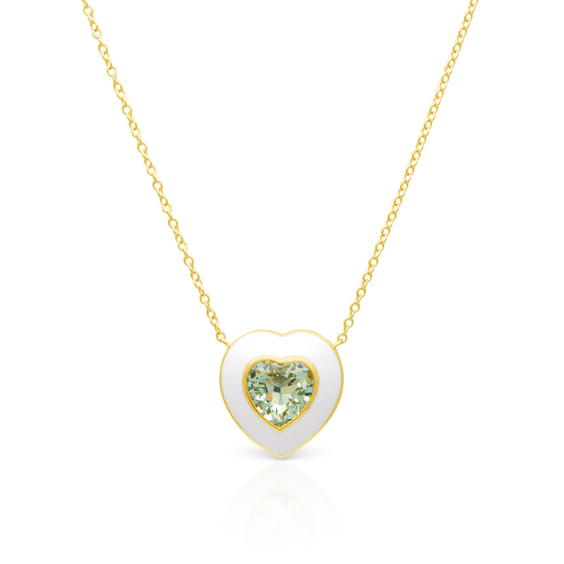 14KT Yellow Gold Green Amethyst White Enamel Heart Necklace