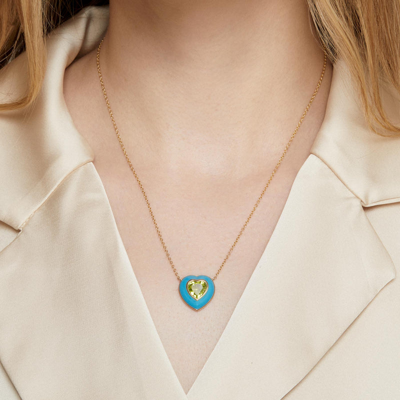 Model wearing 14KT Yellow Gold Peridot Turquoise Enamel Heart Necklace