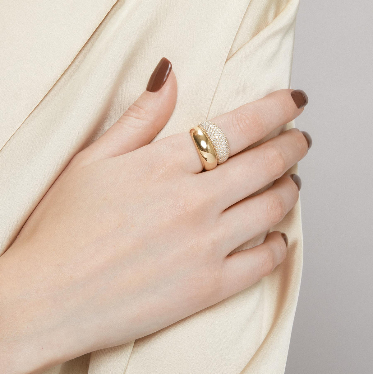 Model wearing 14KT Yellow Gold Diamond Copenhagen Dome Ring