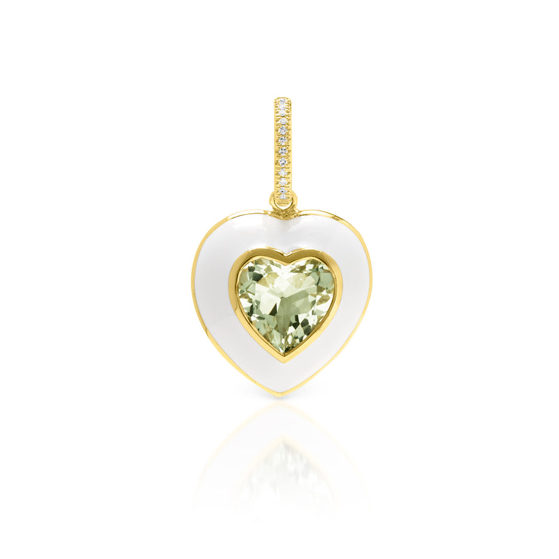 14KT Yellow Gold Green Amethyst White Enamel Heart Charm with Diamond Clip on Bail