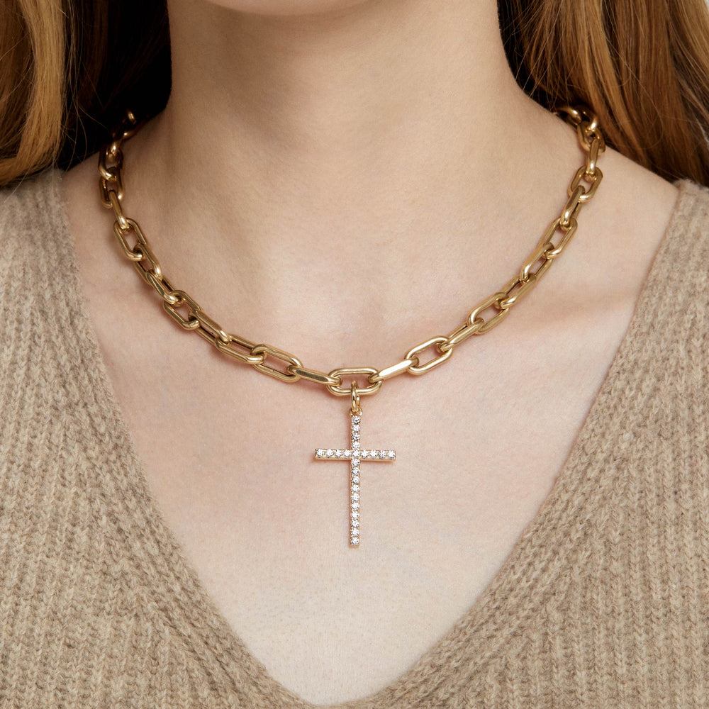 Model wearing 14KT White Gold Diamond XL Cross Charm Pendant with Clip on Bail