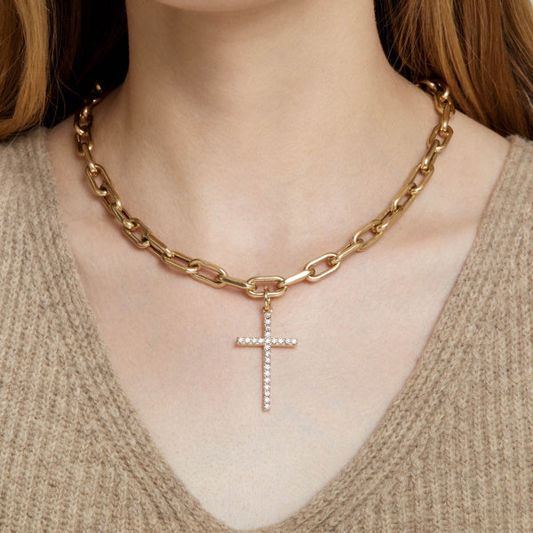 14KT Yellow Gold Diamond XL Cross Charm Pendant with Clip on Bail