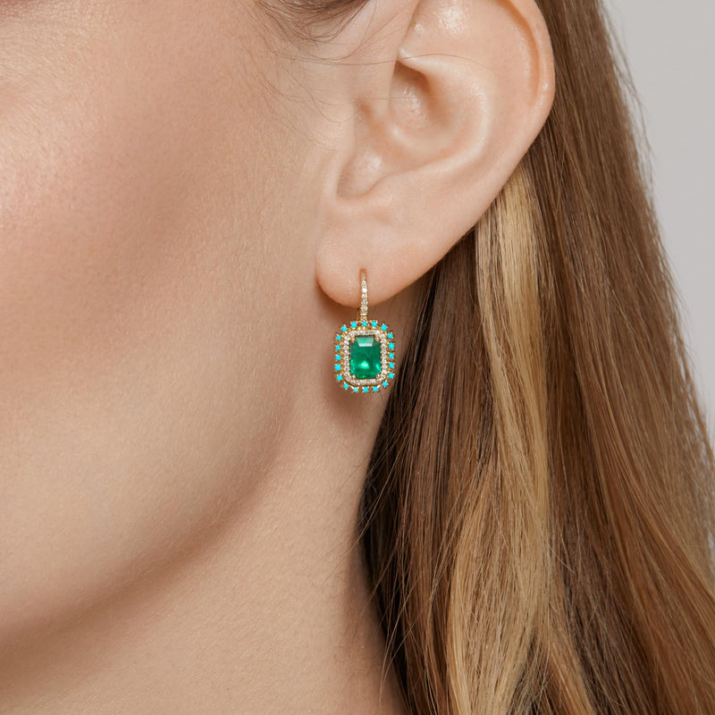 14KT Yellow Gold Emerald Turquoise Diamond Luxe Monaco Leverback Earrings