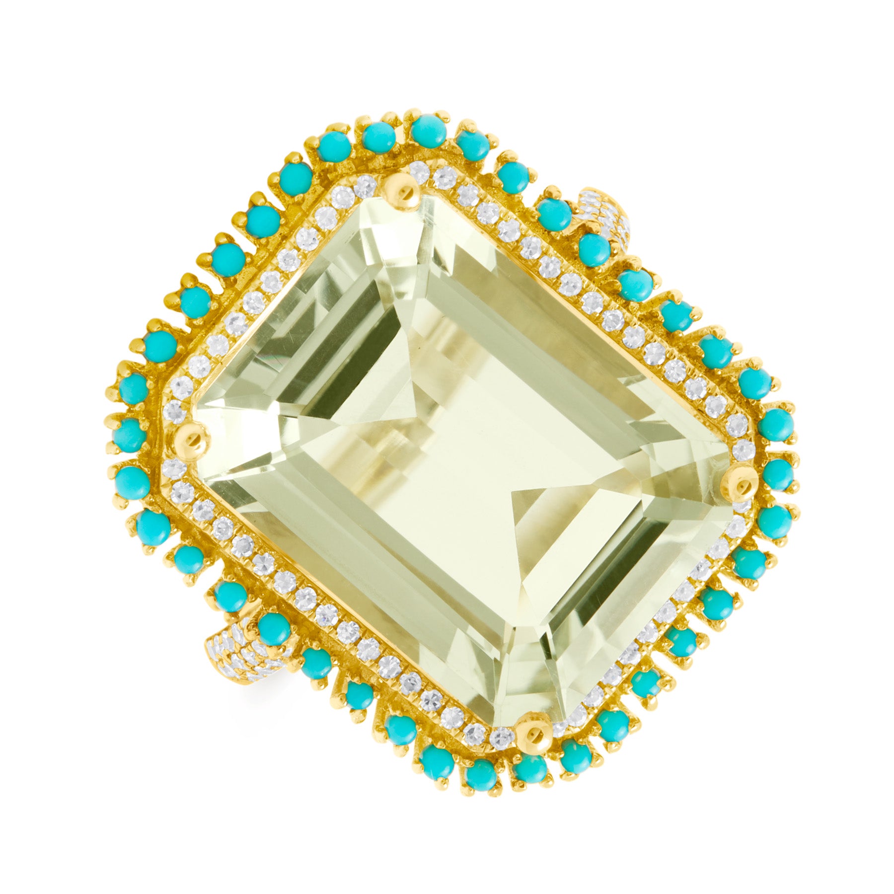 14KT Yellow Gold Green Amethyst Turquoise Diamond Ring