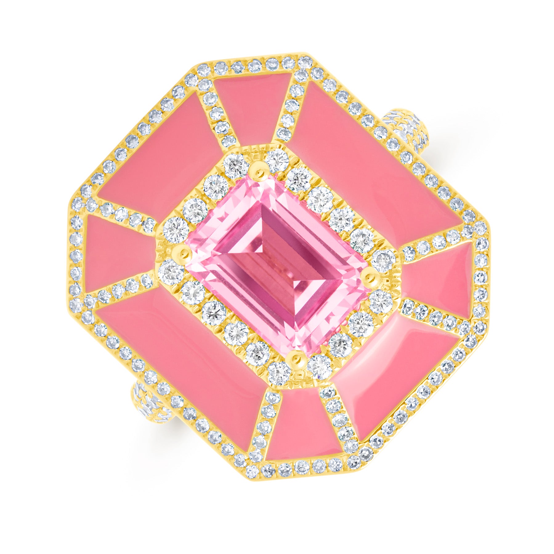 18KT Yellow Gold Pink Topaz Pink Enamel Diamond Deco Cocktail Ring