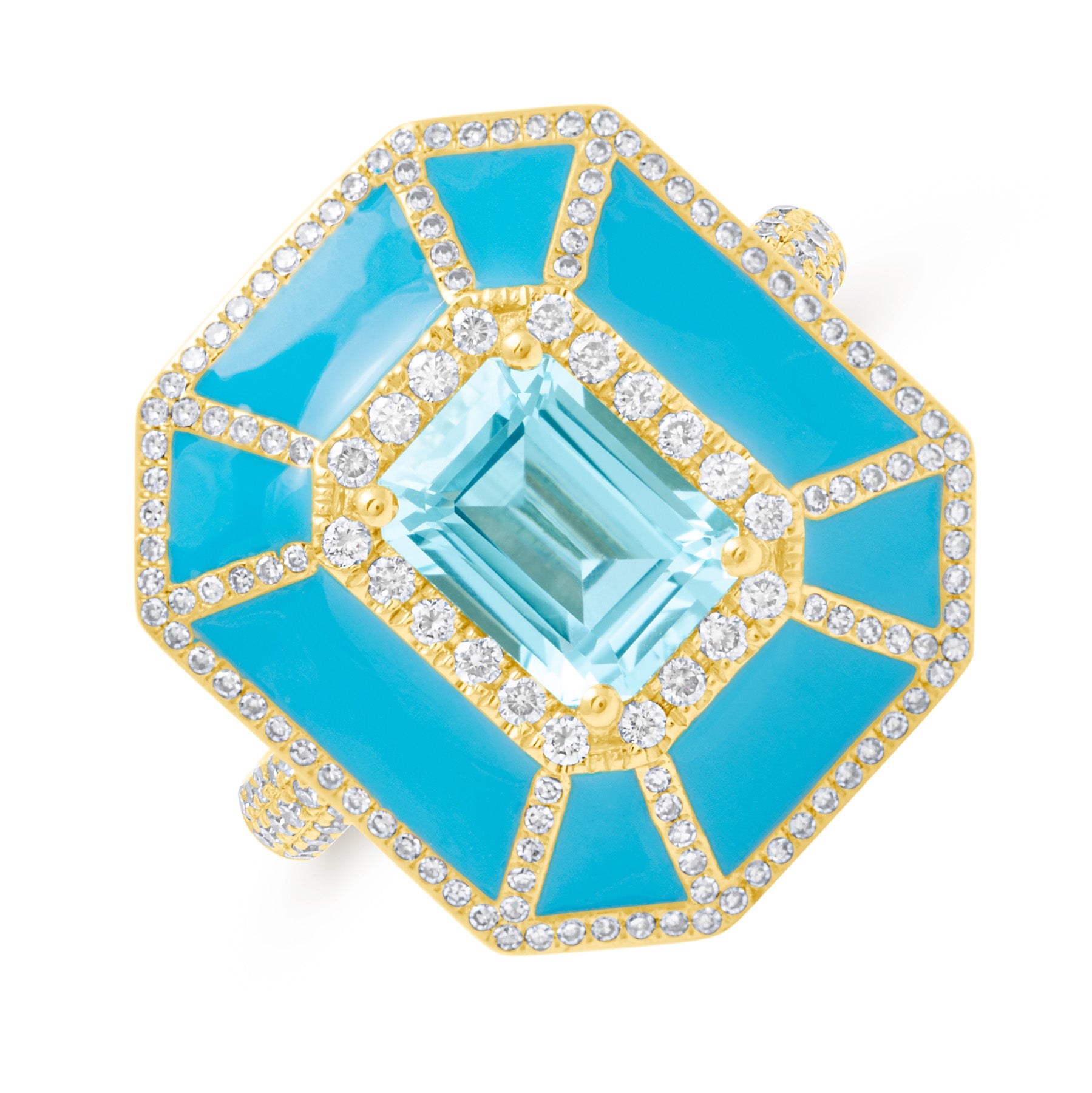 18KT Yellow Gold Blue Topaz Turquoise Enamel Diamond Deco Cocktail Ring
