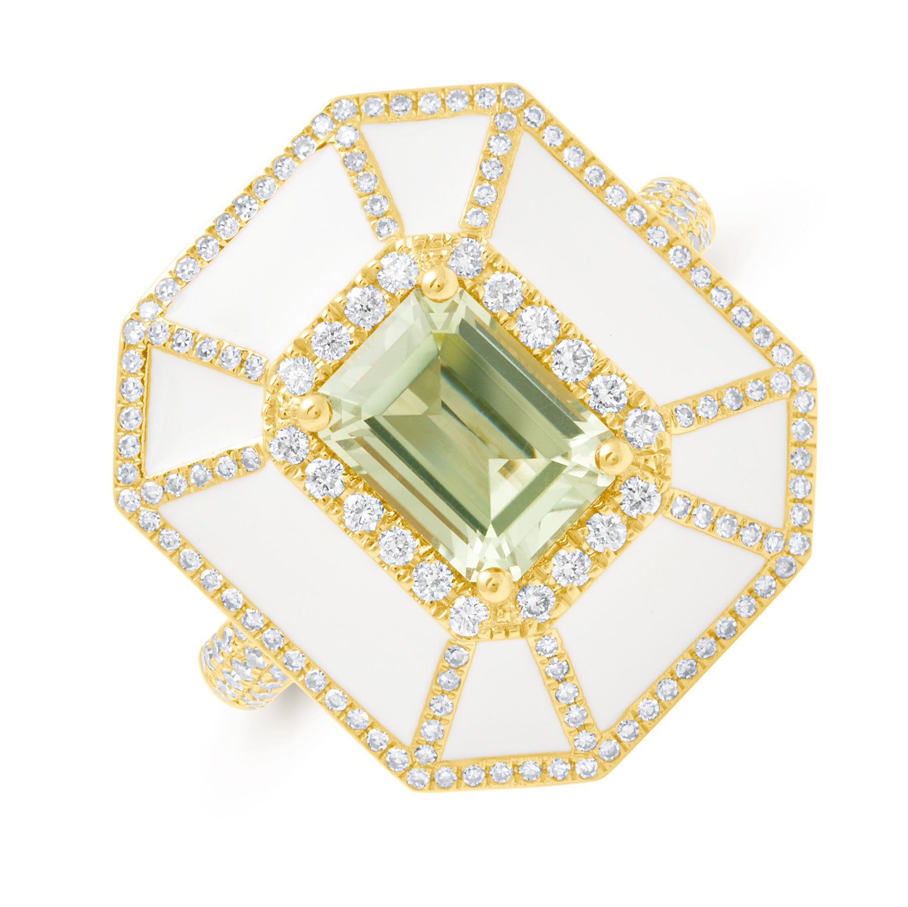 18KT Yellow Gold Green Amethyst White Enamel Diamond Deco Cocktail Ring
