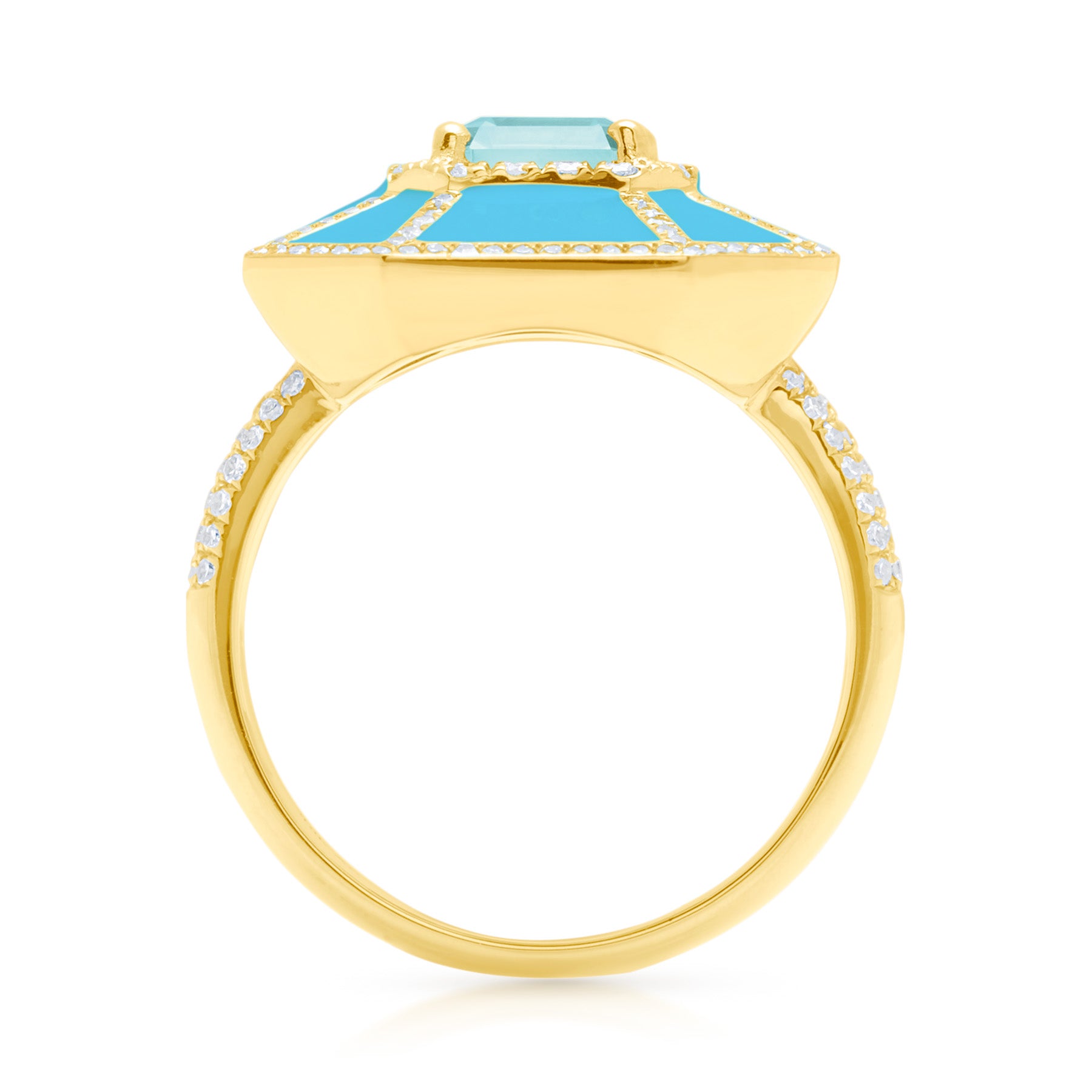 18KT Yellow Gold Blue Topaz Turquoise Enamel Diamond Deco Cocktail Ring