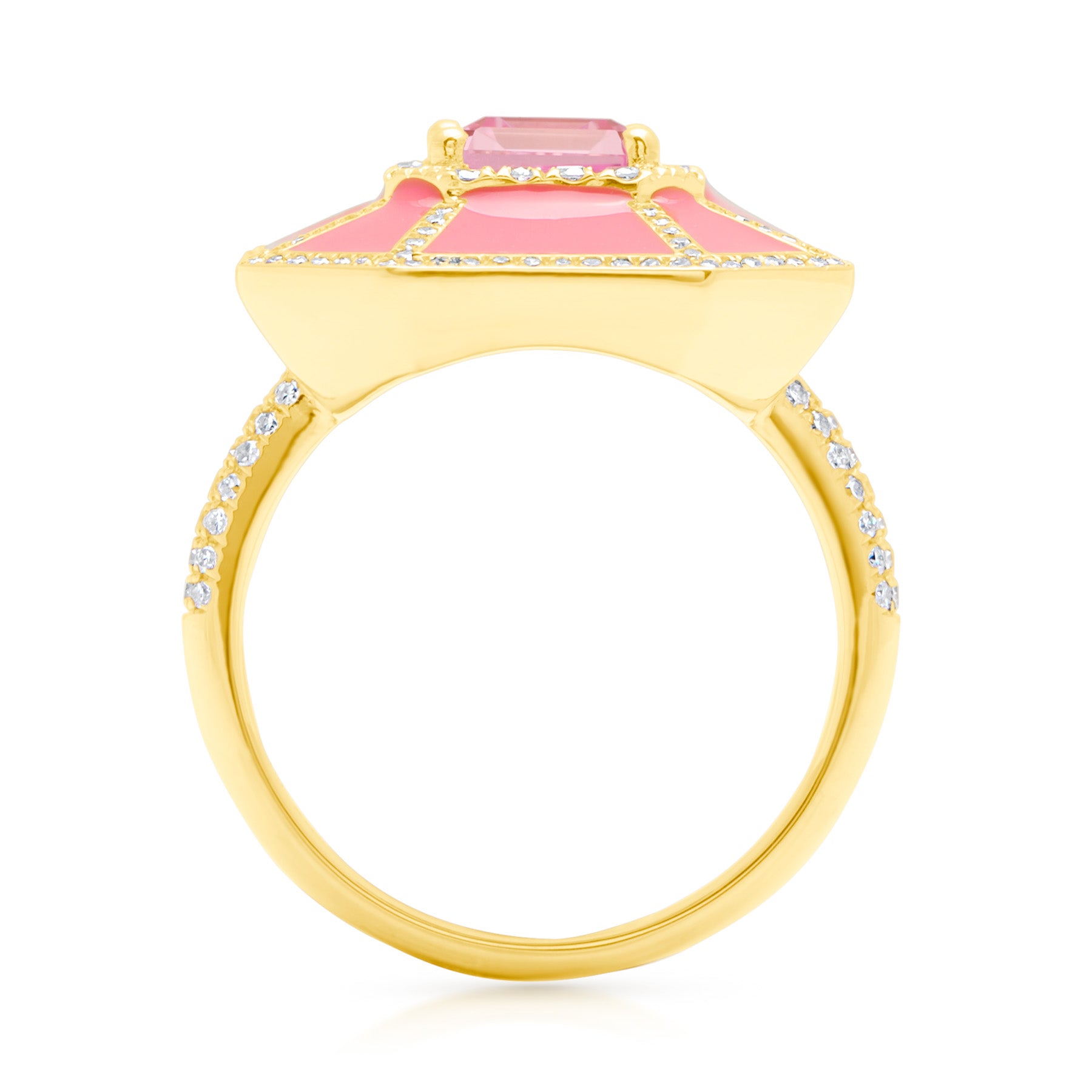 18KT Yellow Gold Pink Topaz Pink Enamel Diamond Deco Cocktail Ring
