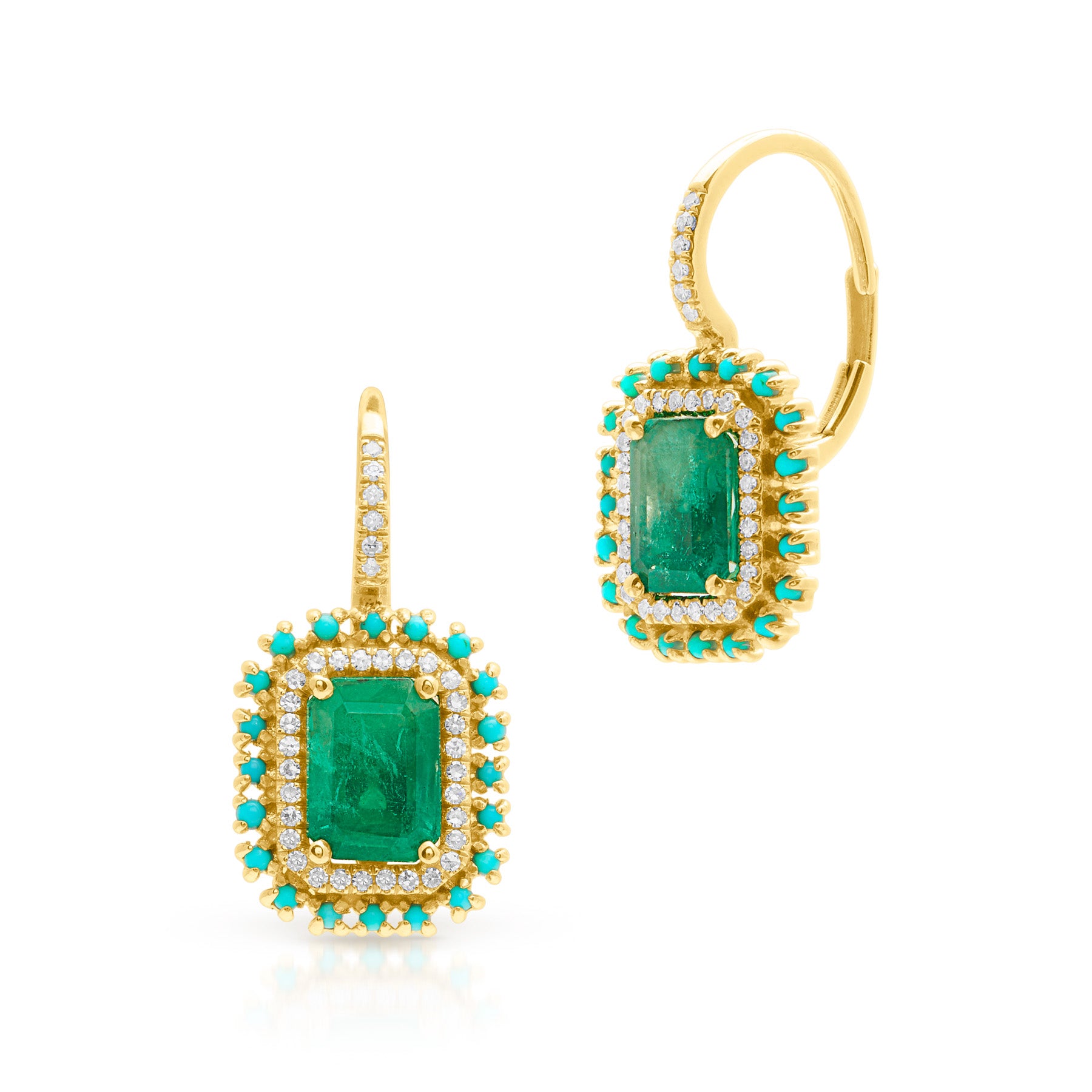 14KT Yellow Gold Emerald Turquoise Diamond Luxe Monaco Leverback Earrings
