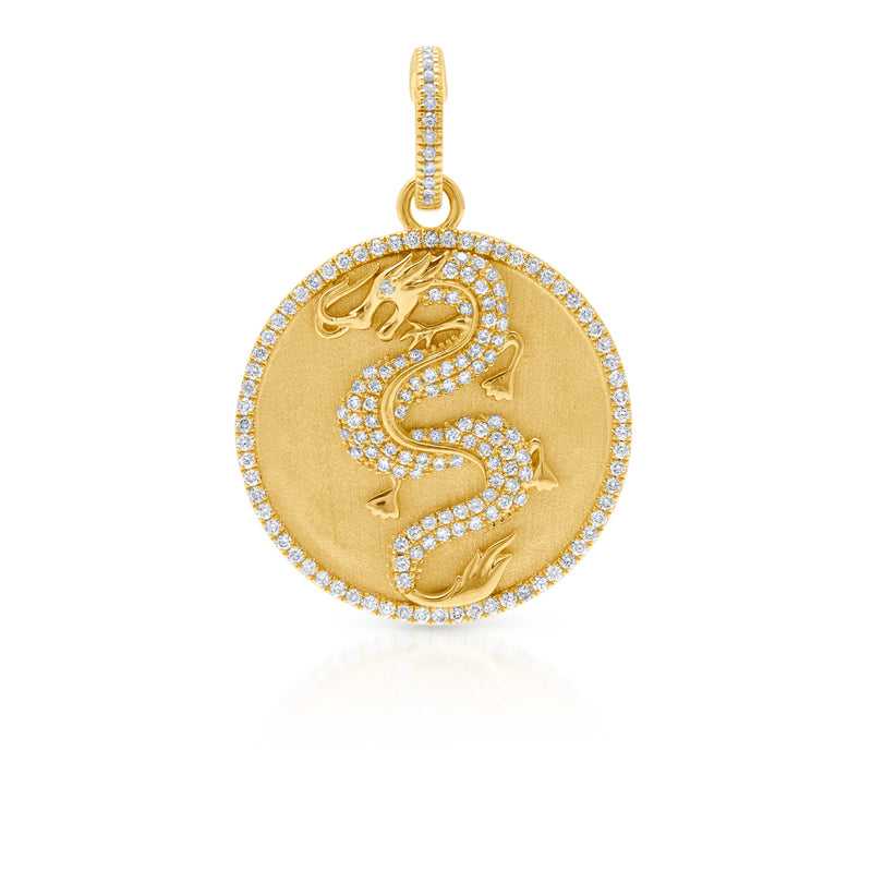 14KT Yellow Gold Diamond Dragon Medallion Charm with Diamond Clip on Bail