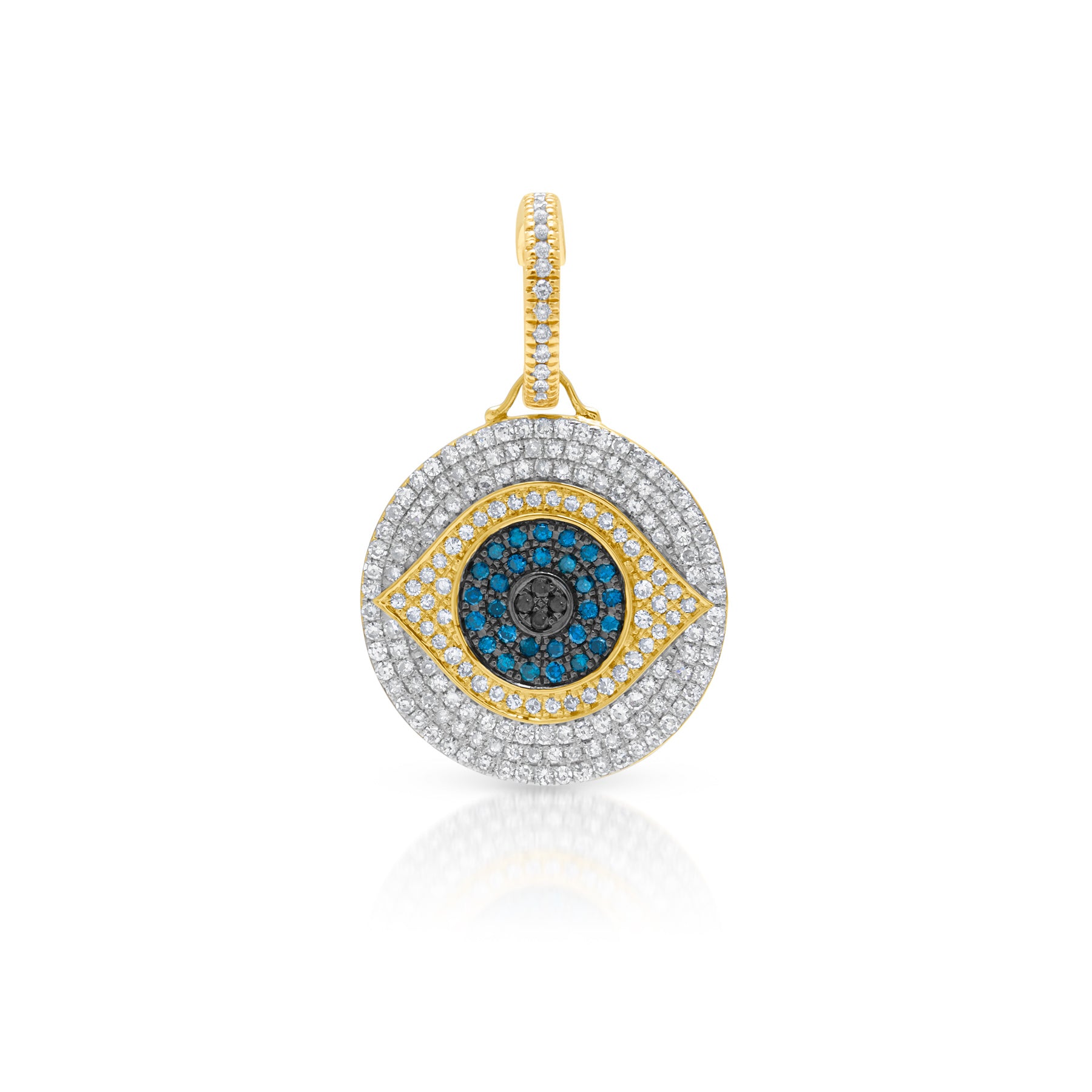 14KT Yellow Gold Blue Diamond Evil Eye Charm Pendant with Diamond Clip on Bail