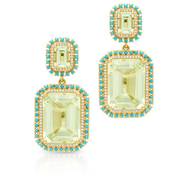 14KT Yellow Gold Green Amethyst Turquoise Diamond Olympus Earrings