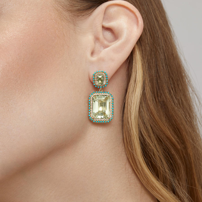 Model wearing 14KT Yellow Gold Green Amethyst Turquoise Diamond Olympus Earrings