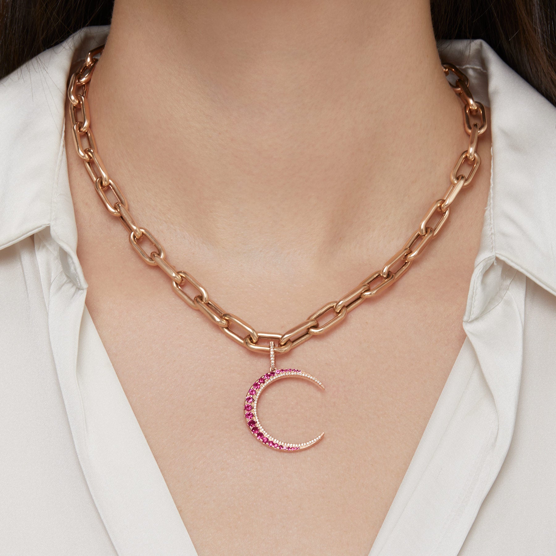 Model wearing 14KT Rose Gold Ruby Diamond Lunar Charm Pendant with Diamond Clip on Bail