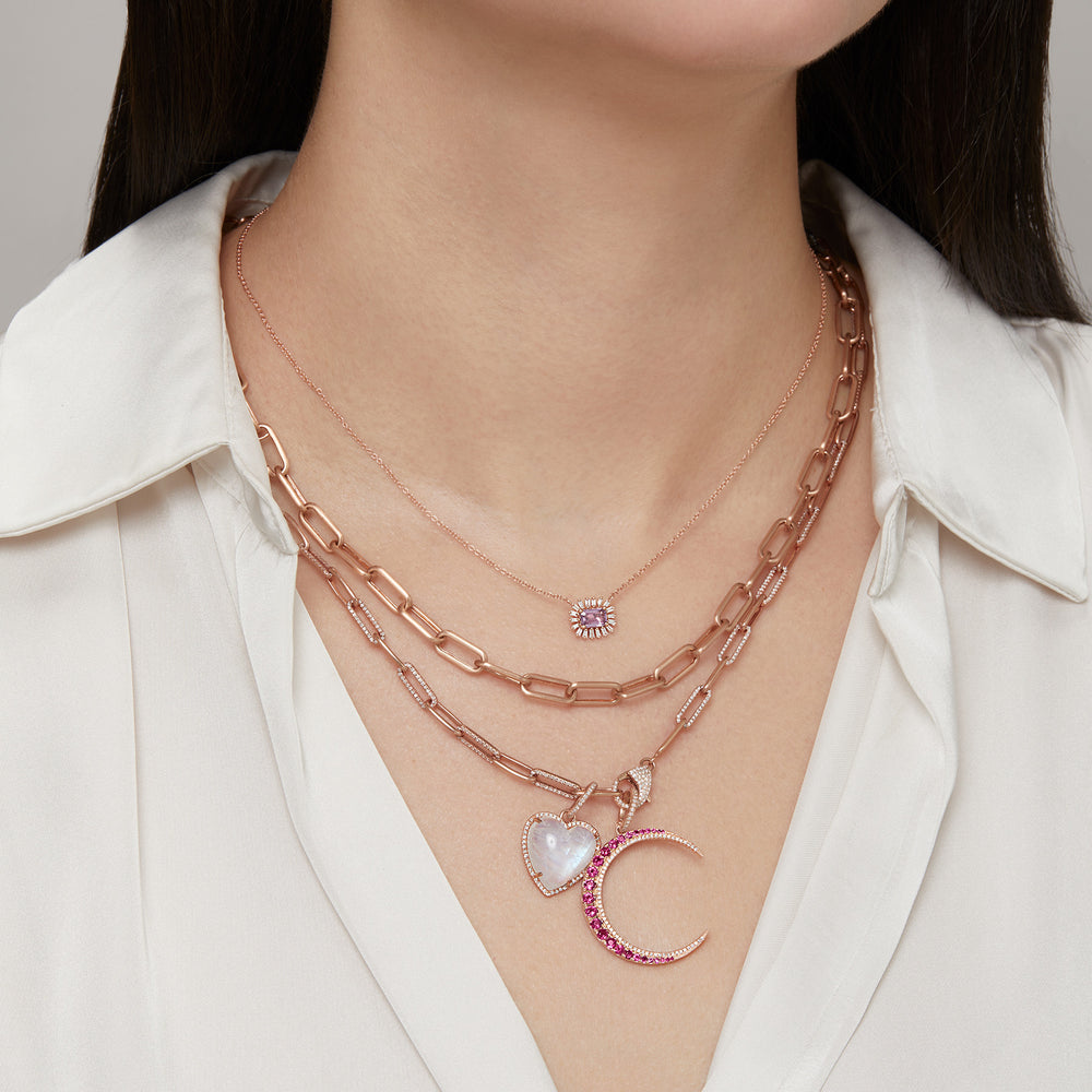 Model wearing 14KT Yellow Gold Moonstone Diamond Heart Charm Pendant with Diamond Clip on Bail