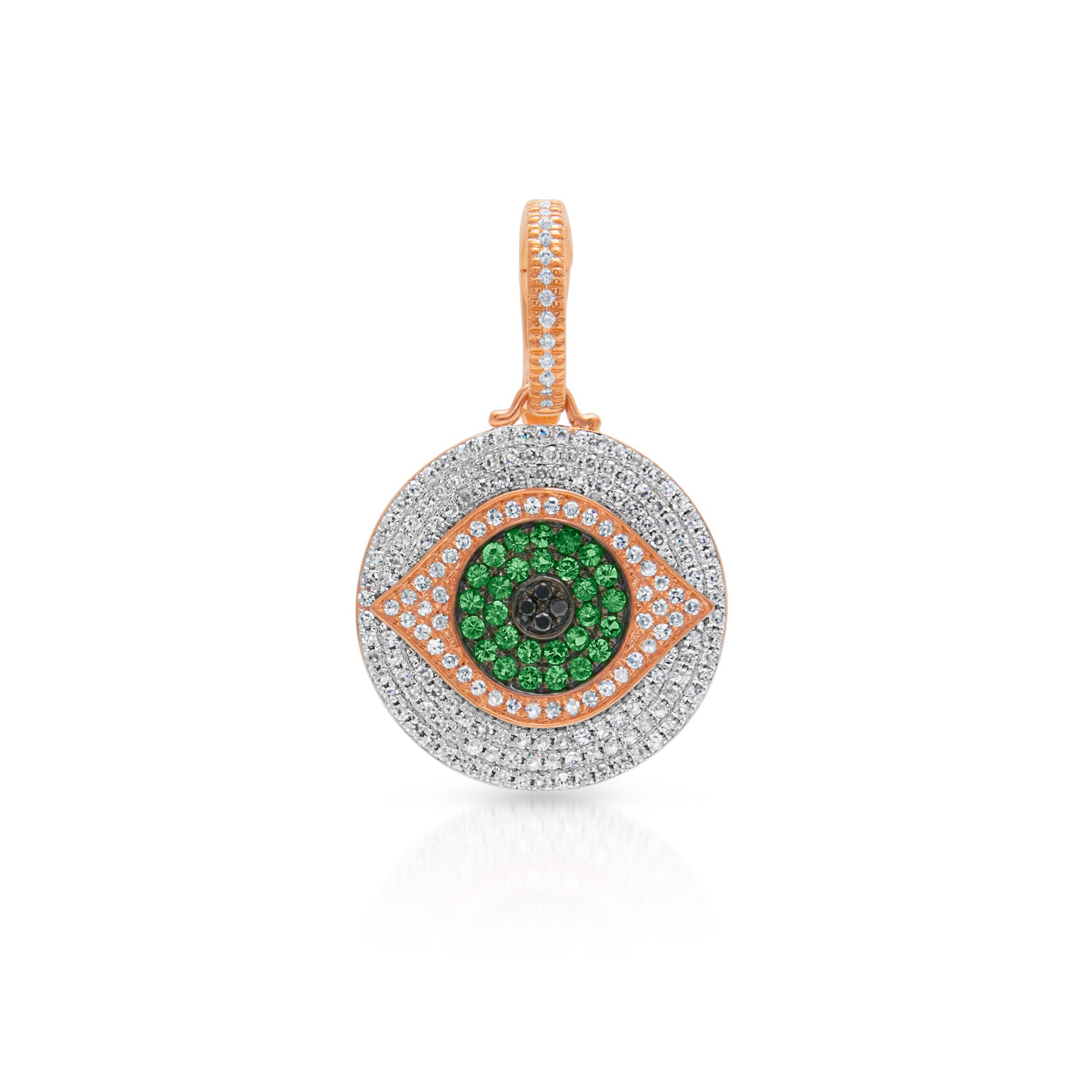 14KT Rose Gold Diamond Tsavorite Evil Eye Charm Pendant with Diamond Clip on Bail