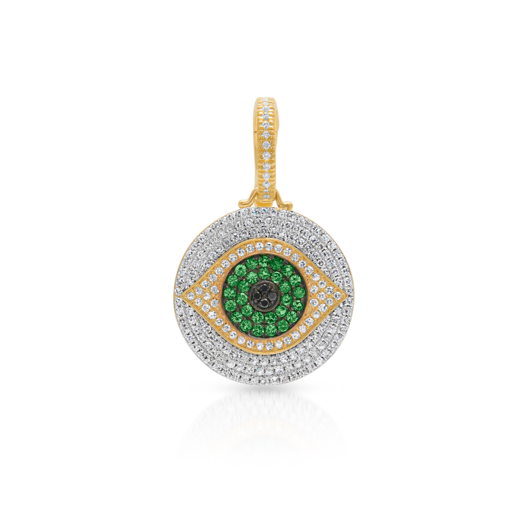 14KT Yellow Gold Diamond Tsavorite Evil Eye Charm Pendant with Diamond Clip on Bail