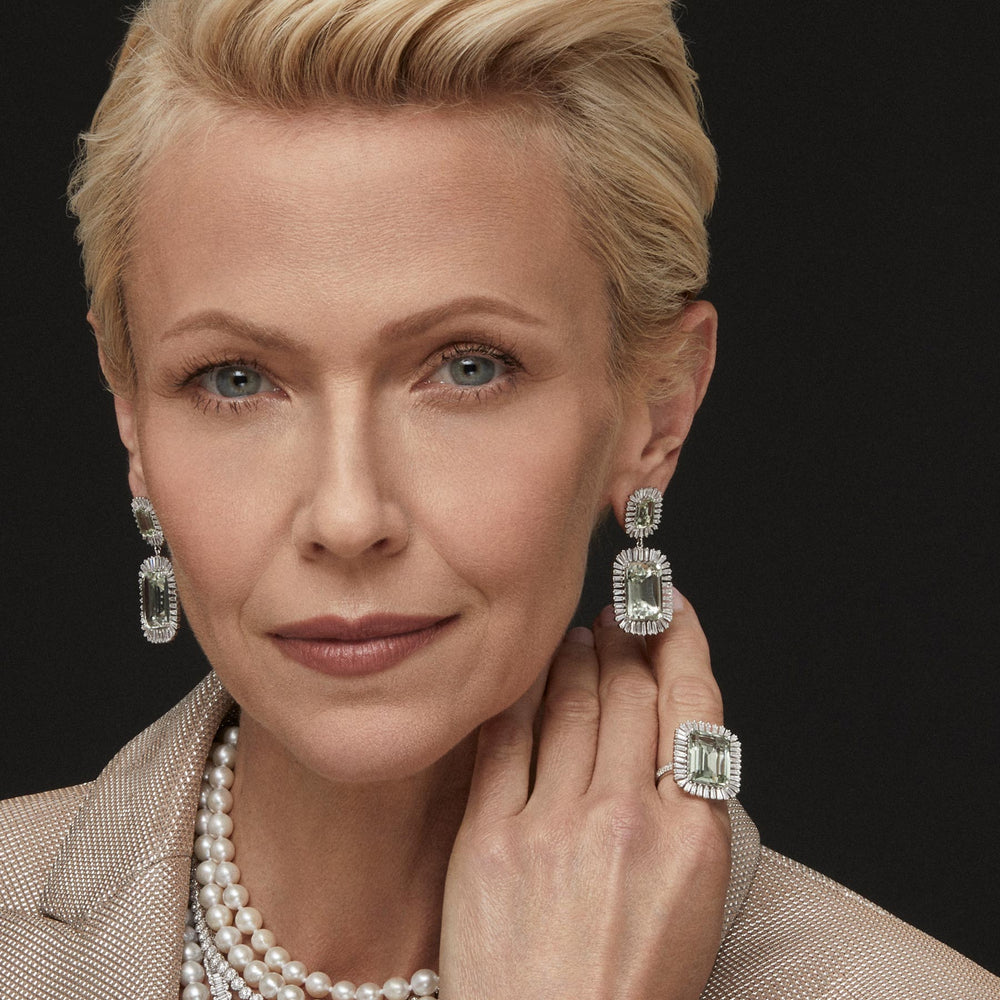 Model wearing 18KT White Gold Green Amethyst Baguette Diamond Luxe Fauna Earrings
