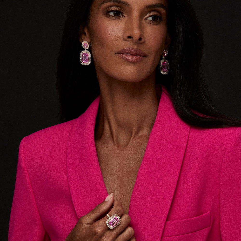 Model wearing 18KT Yellow Gold Pink Topaz Baguette Diamond Luxe Fauna Earrings