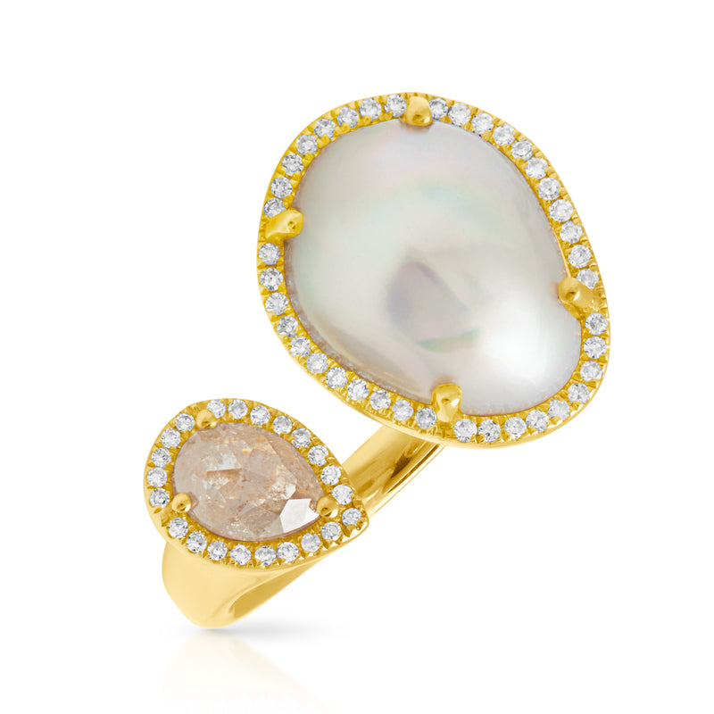 14KT Yellow Gold Baroque Pearl Rosecut Diamond Ring