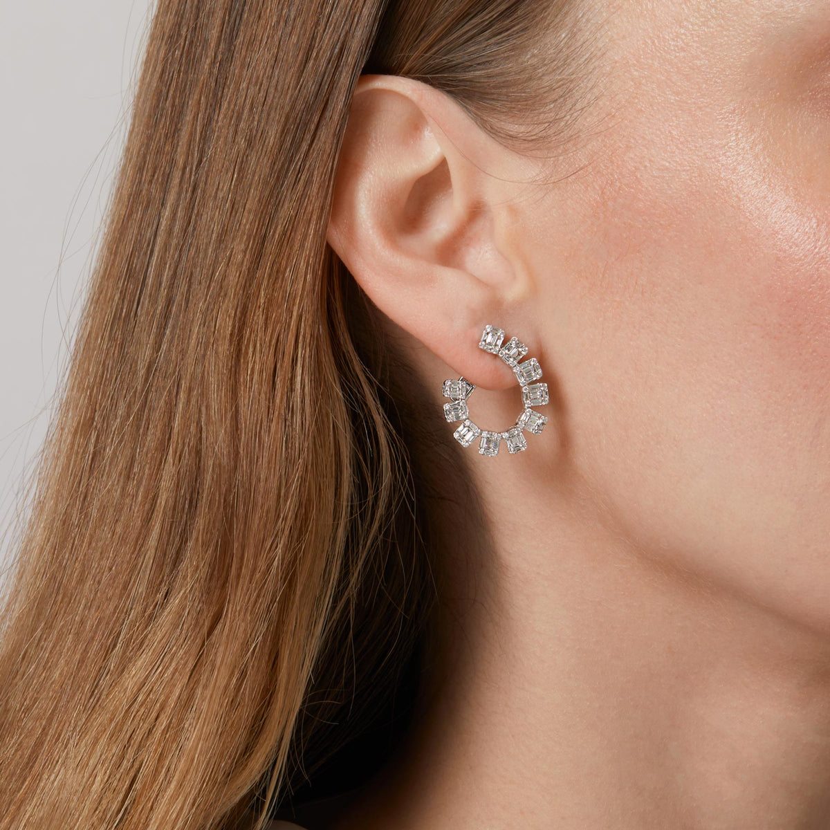 Model wearing 14KT White Gold Baguette Diamond Marceline Earrings