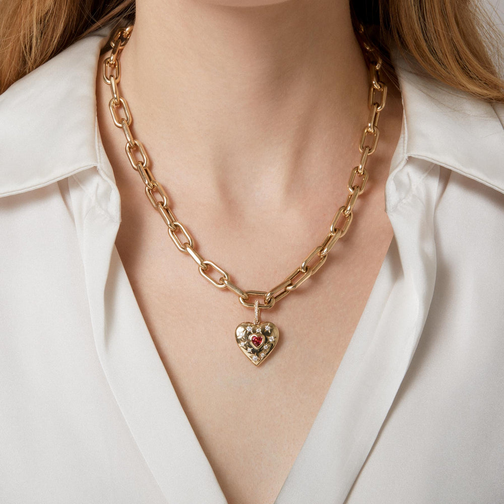 Model wearing 14KT Yellow Gold Pink Tourmaline Diamond Valentina Heart Charm Pendant with Diamond Clip on Bail