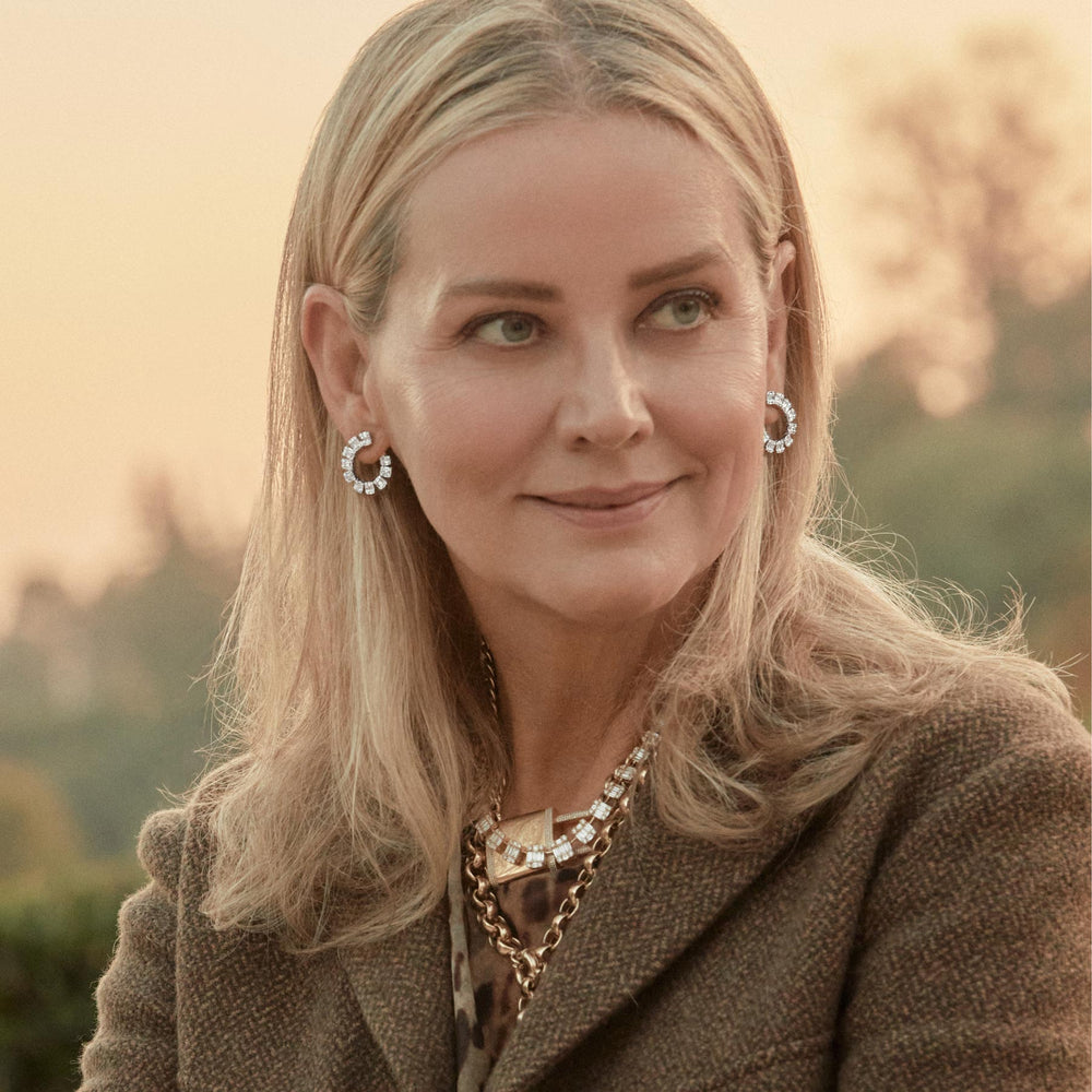 Anne Sisteron wearing 14KT White Gold Baguette Diamond Marceline Earrings