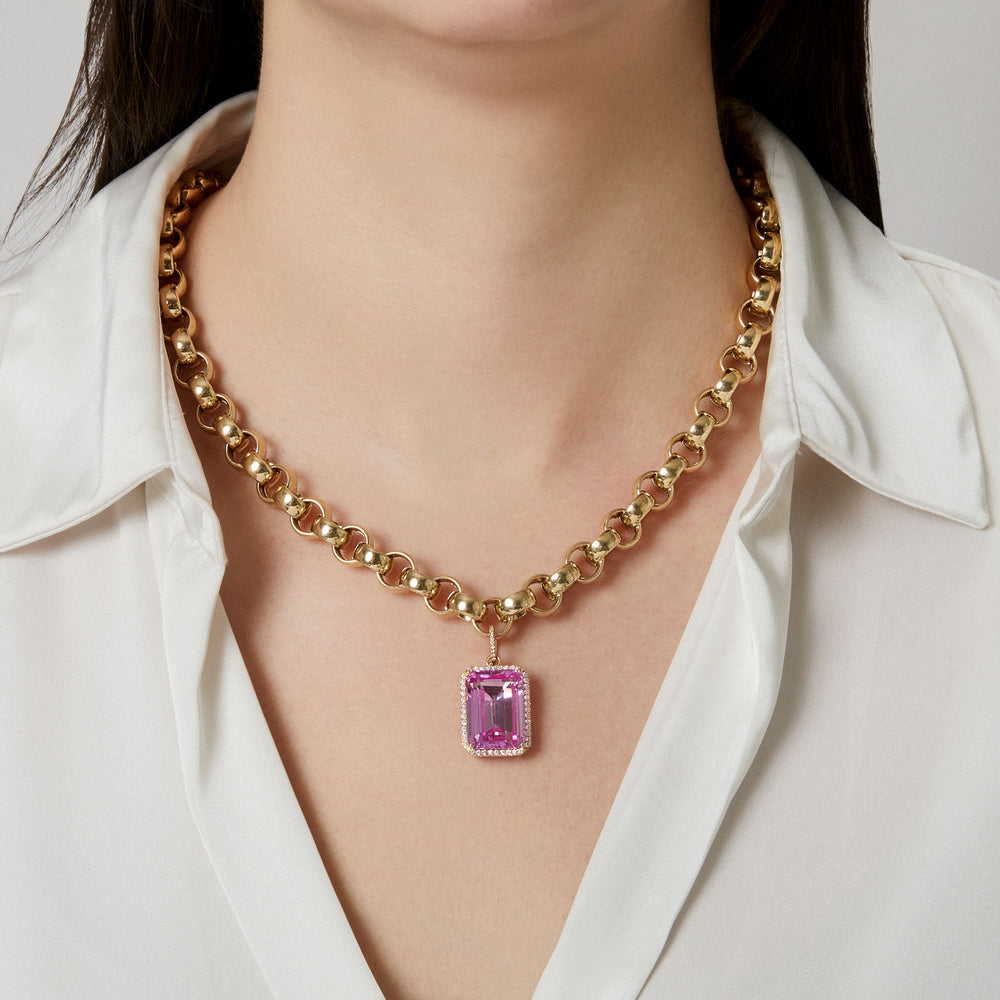 Model wearing 18KT White Gold Diamond Pink Topaz Luxe Jolly Charm Pendant with Diamond Clip on Bail