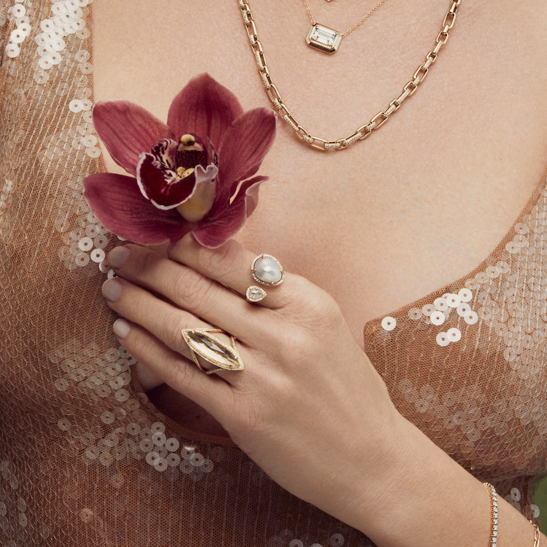 Model wearing 14KT Yellow Gold Baroque Pearl Rosecut Diamond Ring