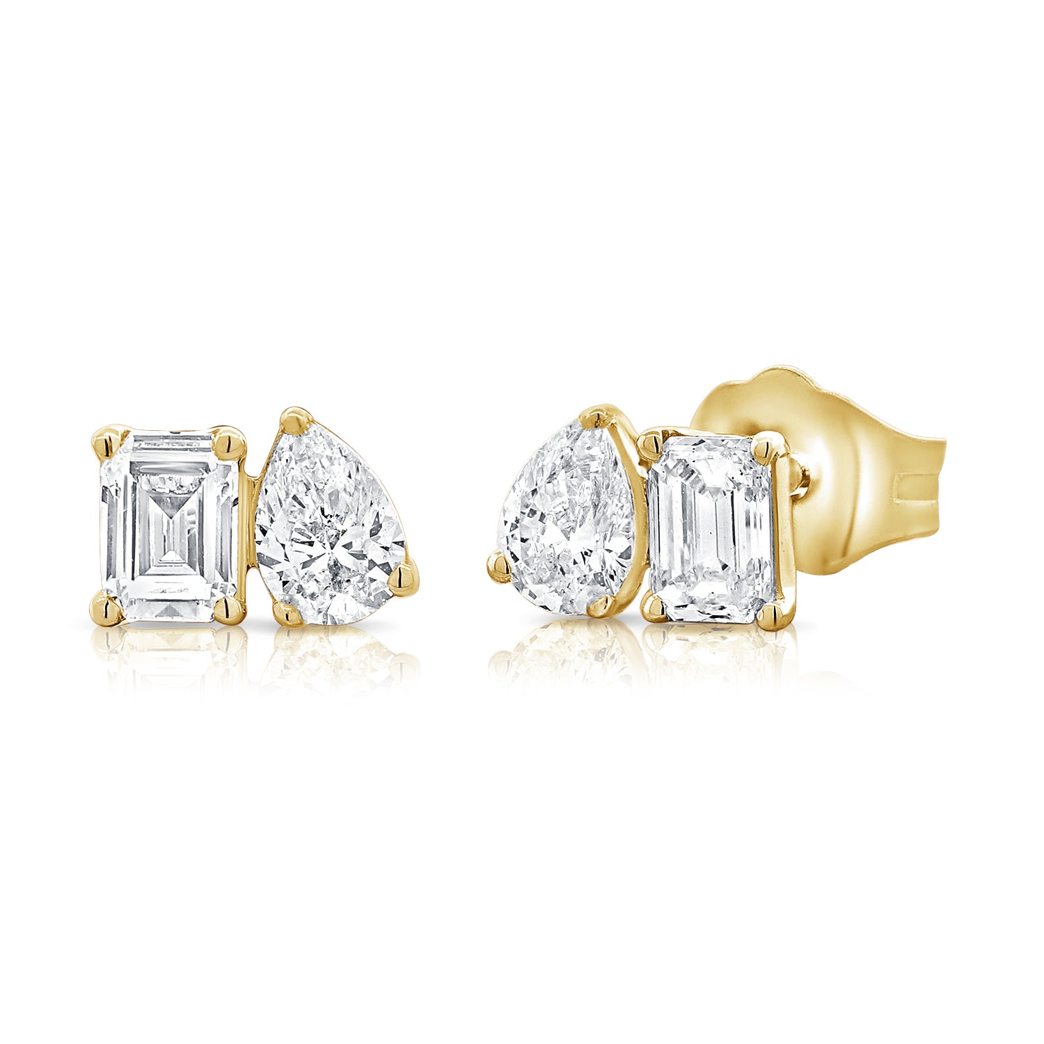 14KT Yellow Gold Emerald and Pear Shape Diamond Stud Earrings