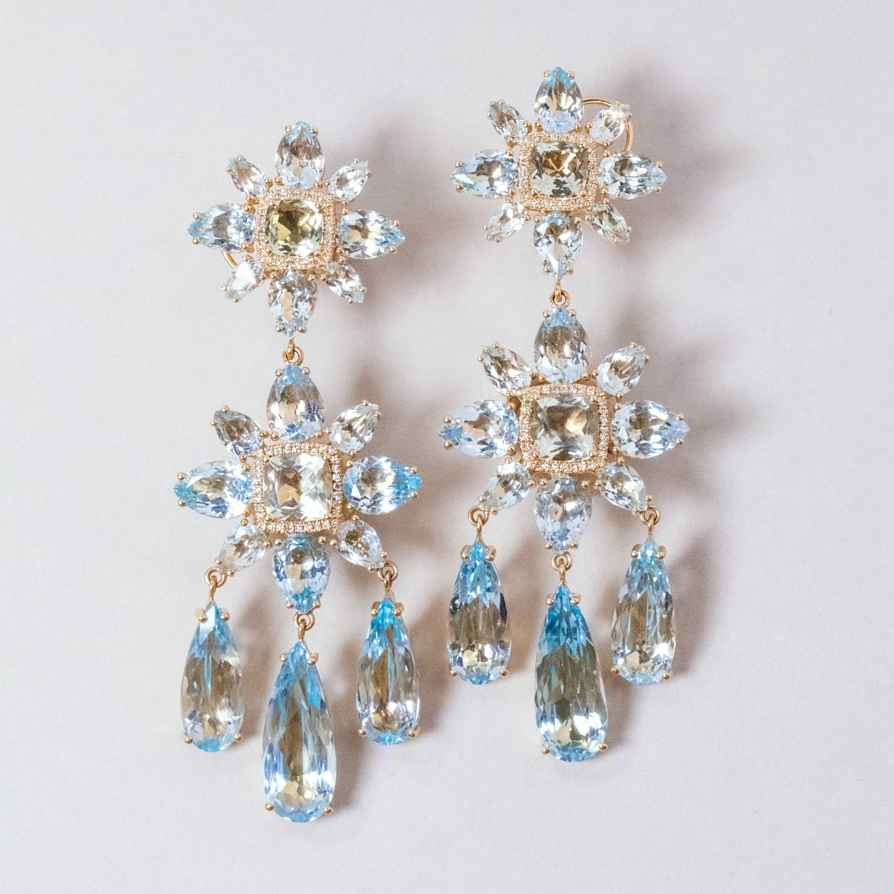 14KT Yellow Gold Blue Topaz Green Amethyst Diamond Luxe Amaryllis Earrings